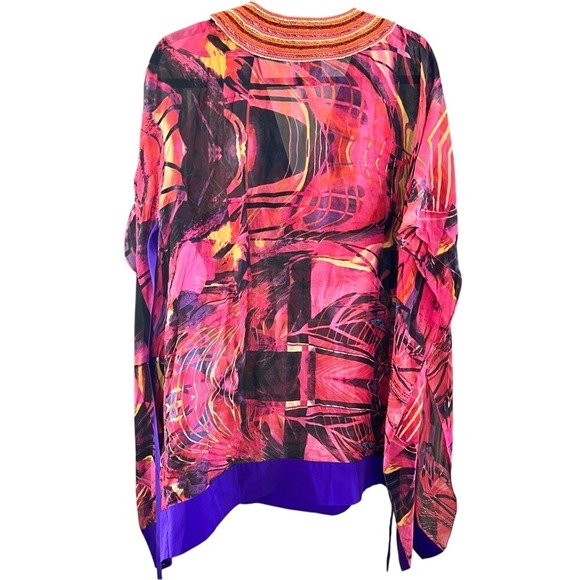 Zeugari Silk Tunic Beaded V Neck Semi Sheer Tie at Empire Waist * Runs Small * - Picture 3 of 11